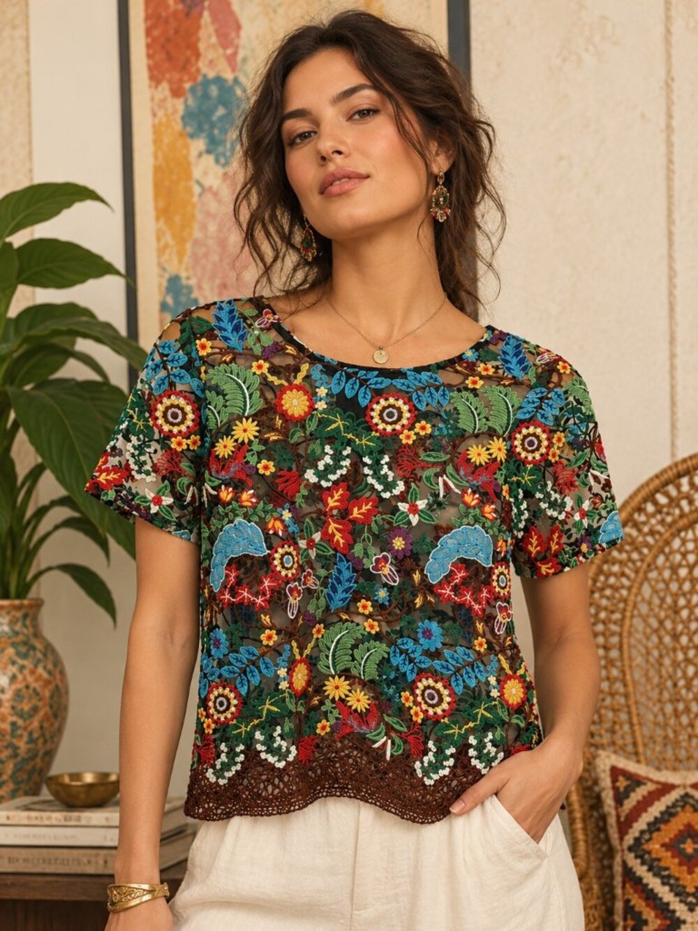 Designer Inspired Embroidered Floral Mesh Top | Size L (Runs Small)